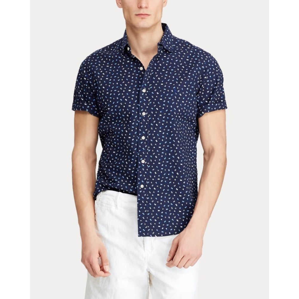 Polo Ralph Lauren Slim Fit Untucked Seersucker Flag Print Button Down Shirt M